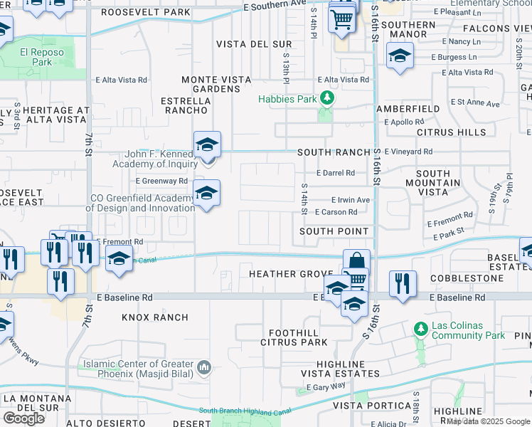 map of restaurants, bars, coffee shops, grocery stores, and more near 7204 South 13th Street in Phoenix