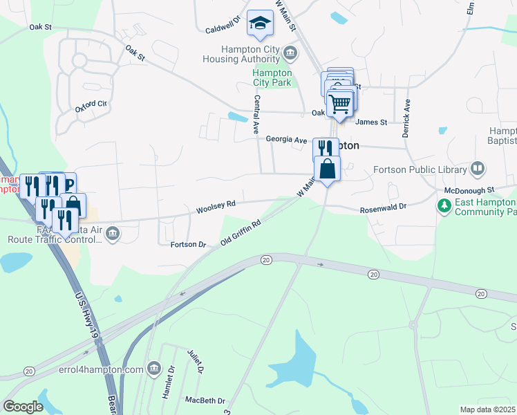 map of restaurants, bars, coffee shops, grocery stores, and more near 11 Woolsey Road in Hampton