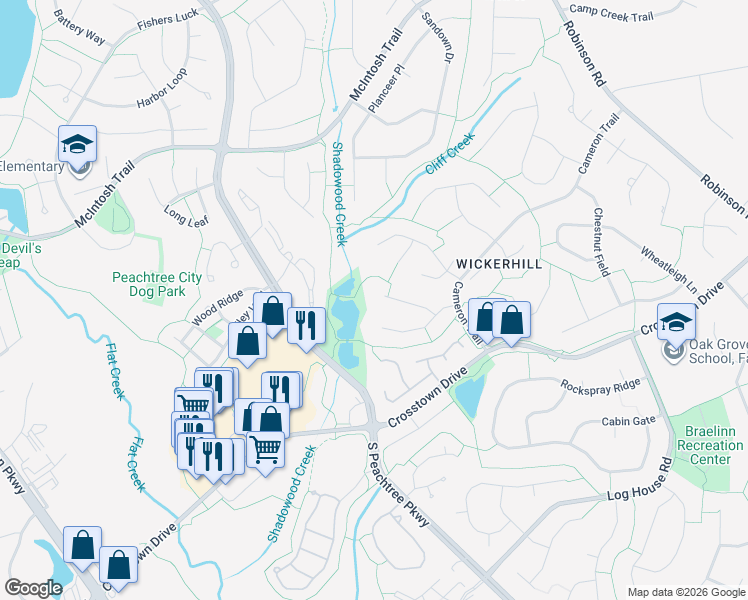 map of restaurants, bars, coffee shops, grocery stores, and more near 116 Rock Mull in Peachtree City
