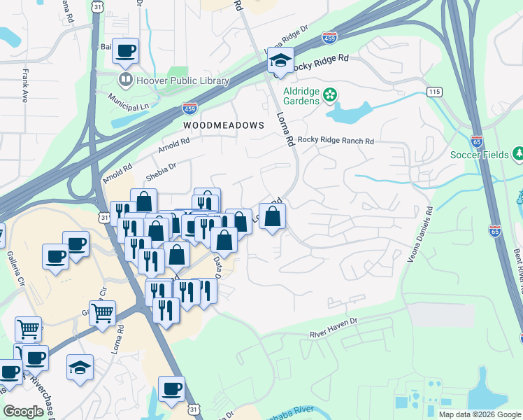 map of restaurants, bars, coffee shops, grocery stores, and more near 2071 Alpine Village in Hoover