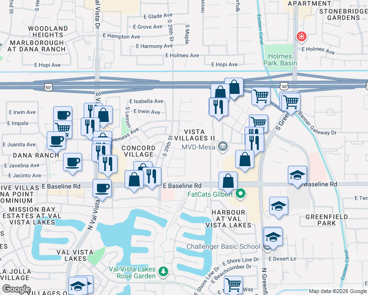 map of restaurants, bars, coffee shops, grocery stores, and more near 3 1811 South 39th Street in Mesa