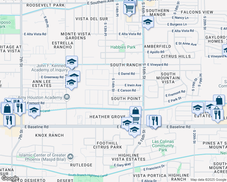 map of restaurants, bars, coffee shops, grocery stores, and more near 1401 East Irwin Avenue in Phoenix