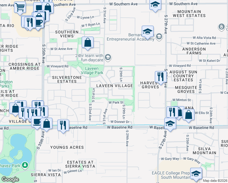 map of restaurants, bars, coffee shops, grocery stores, and more near 7008 South 30th Avenue in Phoenix