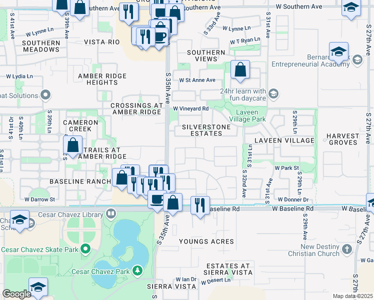map of restaurants, bars, coffee shops, grocery stores, and more near 3409 West Maldonado Road in Phoenix