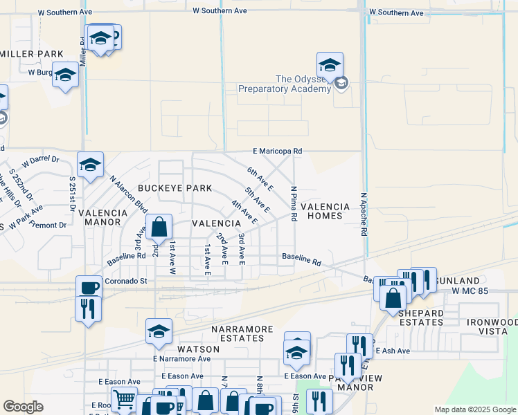 map of restaurants, bars, coffee shops, grocery stores, and more near 209 6th Avenue East in Buckeye