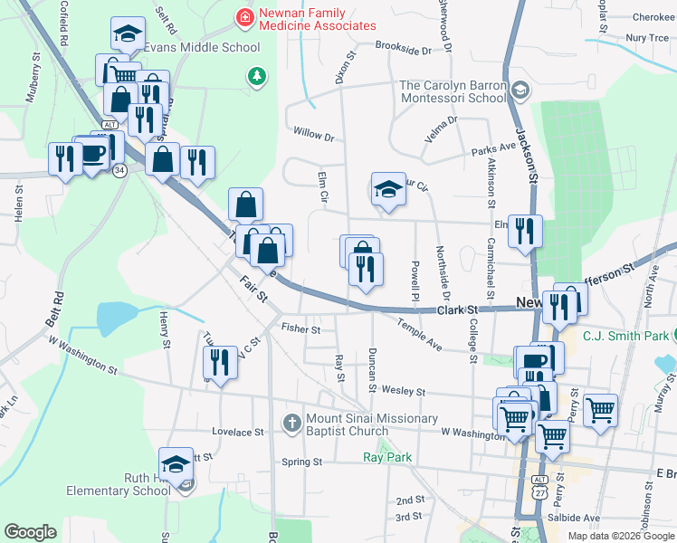 map of restaurants, bars, coffee shops, grocery stores, and more near 23 Forest Lane in Newnan