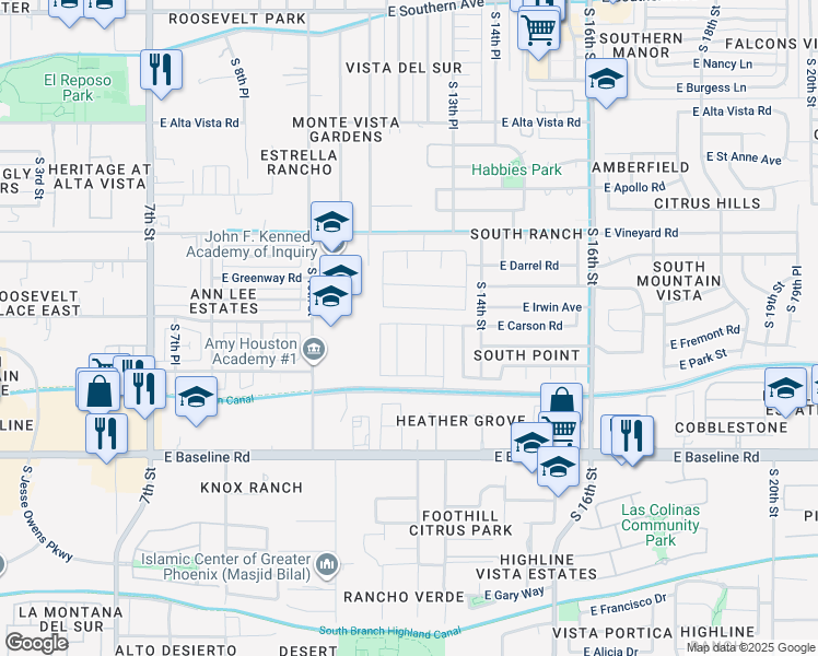 map of restaurants, bars, coffee shops, grocery stores, and more near 1237 East Carson Road in Phoenix