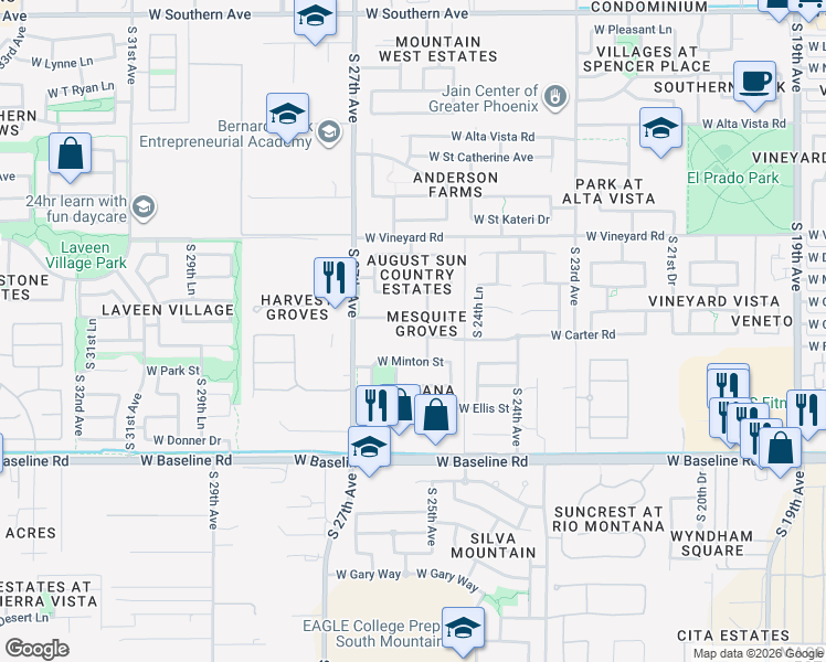 map of restaurants, bars, coffee shops, grocery stores, and more near 2536 West Carter Road in Phoenix