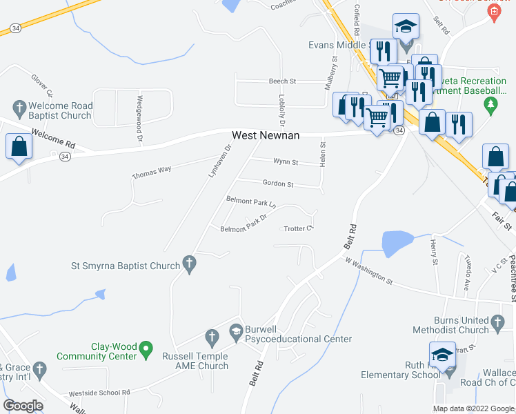 map of restaurants, bars, coffee shops, grocery stores, and more near 43 Belmont Park Lane in Newnan