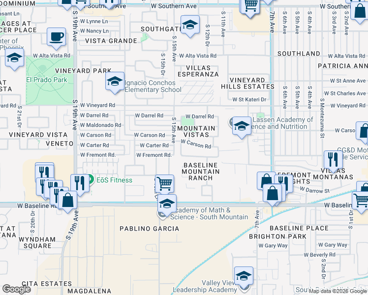 map of restaurants, bars, coffee shops, grocery stores, and more near 1316 West Carson Road in Phoenix