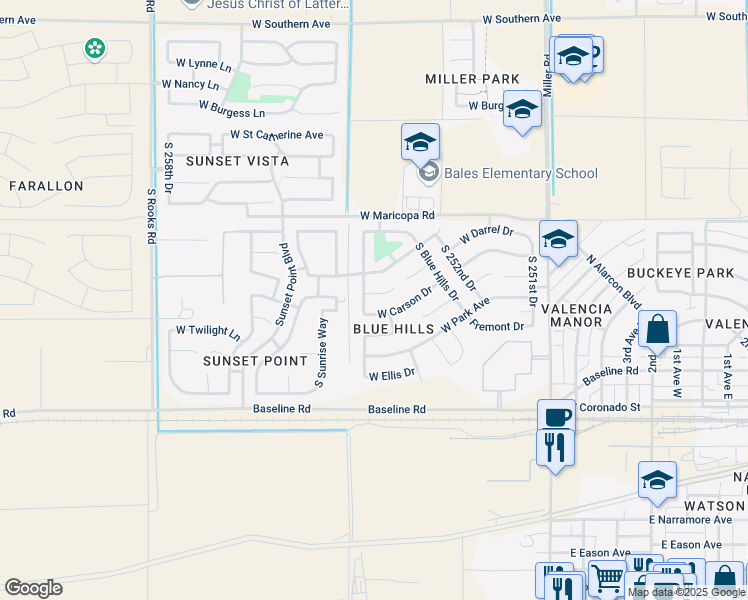 map of restaurants, bars, coffee shops, grocery stores, and more near 7056 South 254th Lane in Buckeye