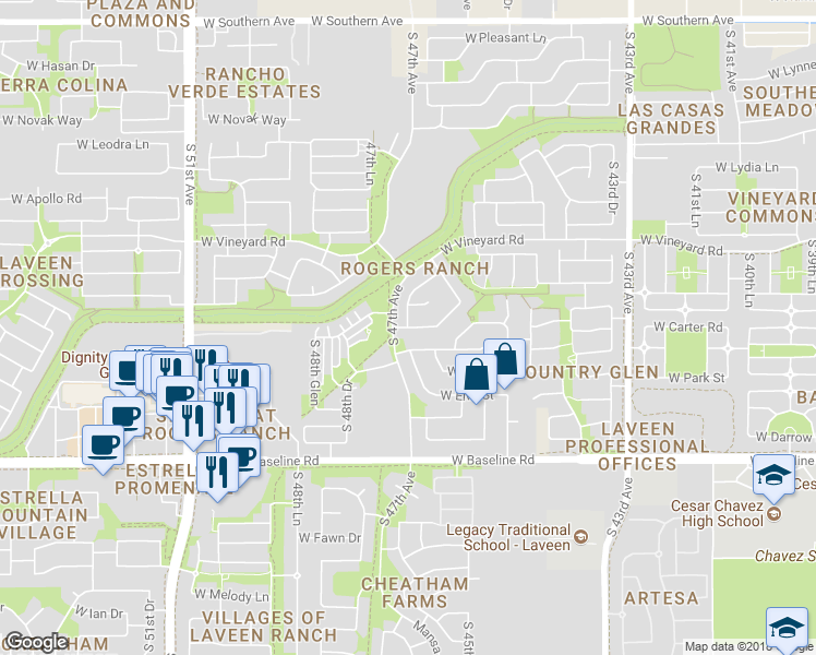 map of restaurants, bars, coffee shops, grocery stores, and more near 7213 South 46th Lane in Phoenix
