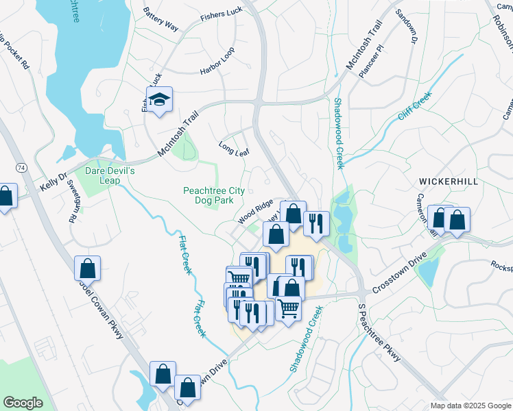 map of restaurants, bars, coffee shops, grocery stores, and more near 316 Wood Ridge in Peachtree City