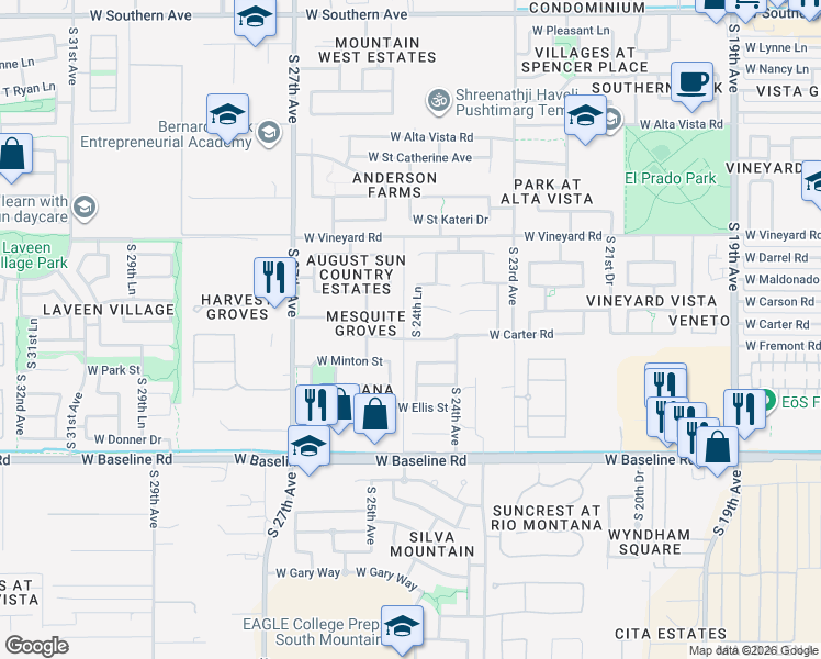 map of restaurants, bars, coffee shops, grocery stores, and more near 7120 South 24th Lane in Phoenix