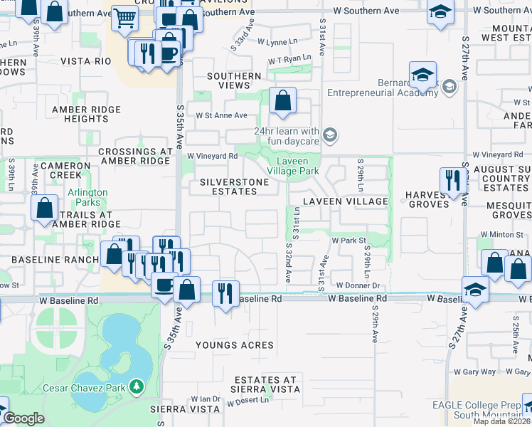 map of restaurants, bars, coffee shops, grocery stores, and more near 3215 West Maldonado Road in Phoenix