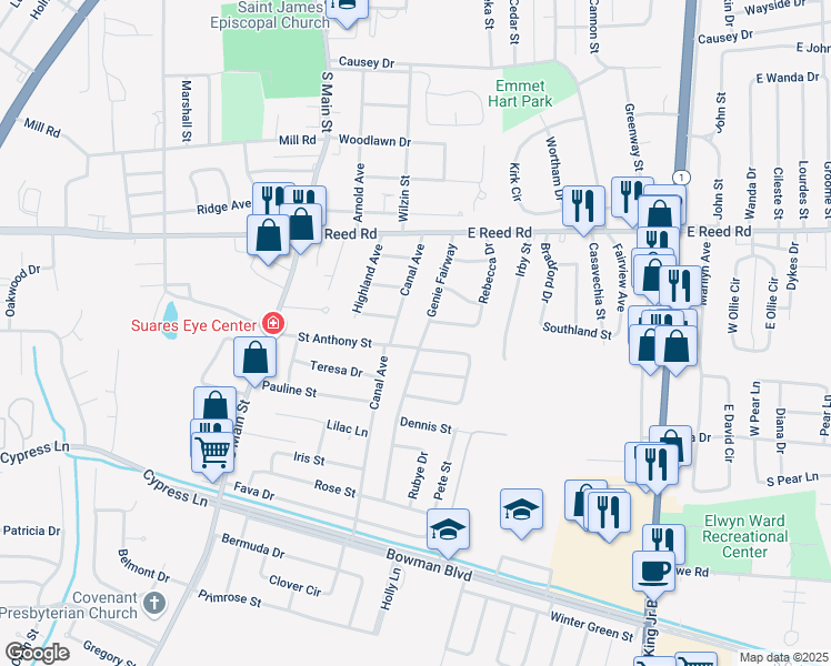 map of restaurants, bars, coffee shops, grocery stores, and more near 1449 Genie Fairway in Greenville