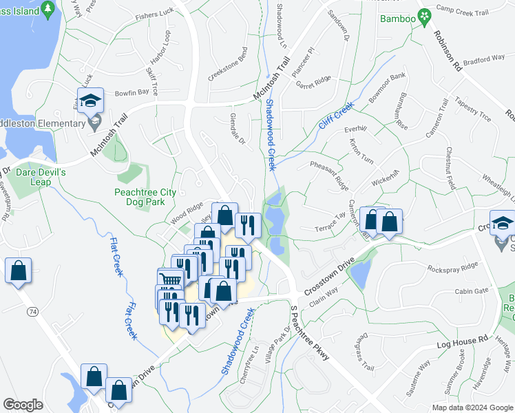 map of restaurants, bars, coffee shops, grocery stores, and more near 606 Ridgefield Drive in Peachtree City