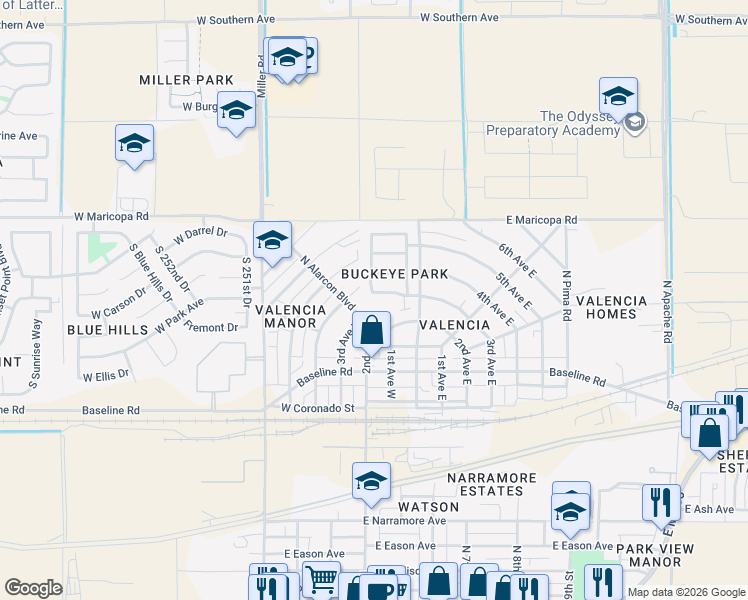 map of restaurants, bars, coffee shops, grocery stores, and more near 90 3rd Avenue West in Buckeye