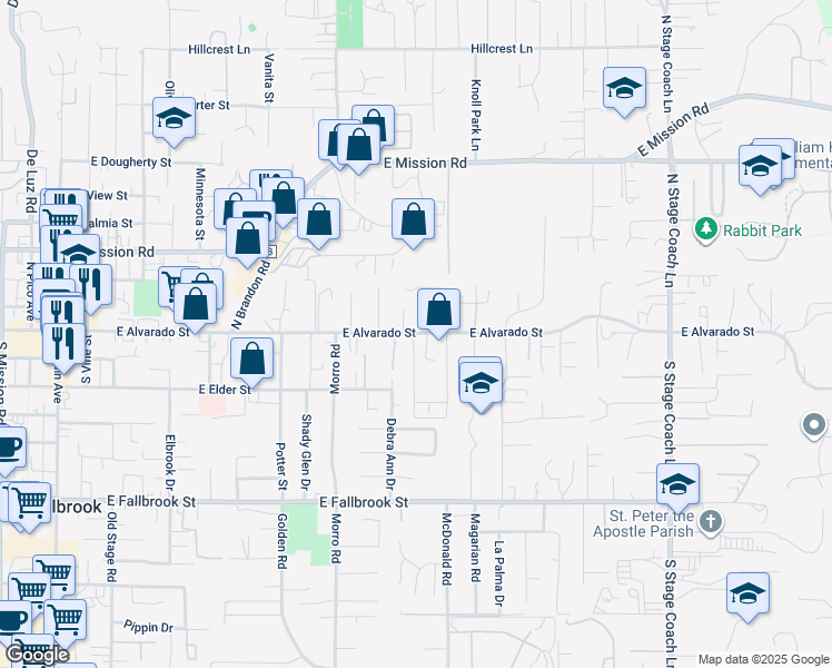 map of restaurants, bars, coffee shops, grocery stores, and more near 868 East Alvarado Street in Fallbrook