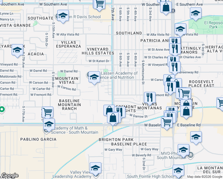 map of restaurants, bars, coffee shops, grocery stores, and more near 7015 South 7th Avenue in Phoenix