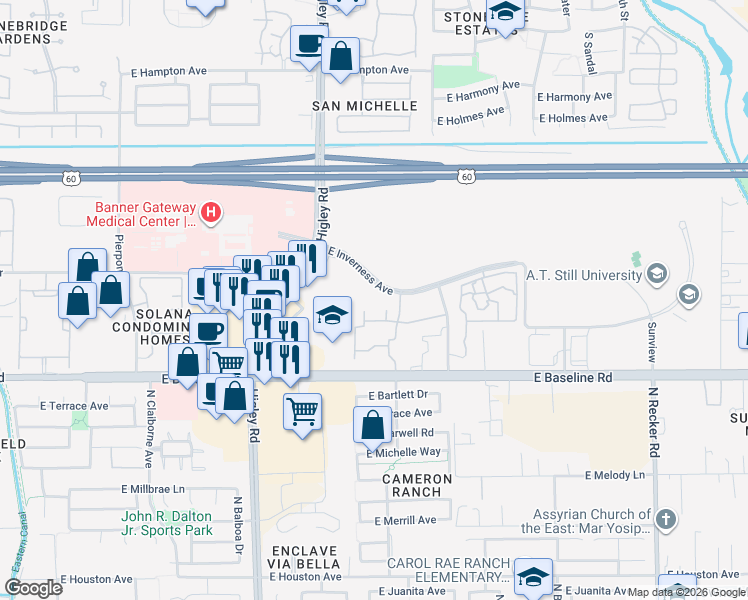 map of restaurants, bars, coffee shops, grocery stores, and more near 5255 East Inverness Avenue in Mesa