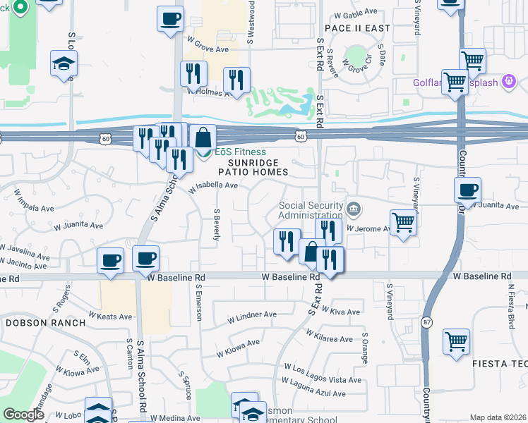 map of restaurants, bars, coffee shops, grocery stores, and more near 937 West Impala Circle in Mesa