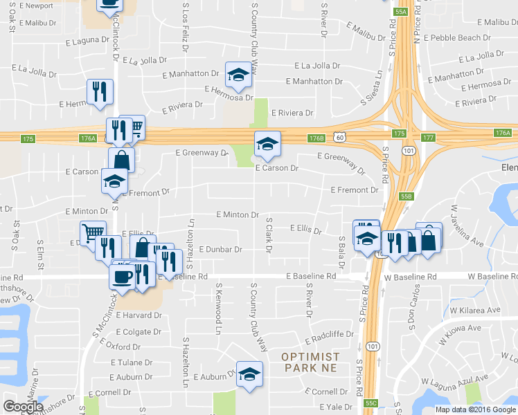 map of restaurants, bars, coffee shops, grocery stores, and more near 4724 South Clark Drive in Tempe