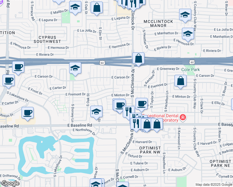 map of restaurants, bars, coffee shops, grocery stores, and more near 1633 East Fremont Drive in Tempe