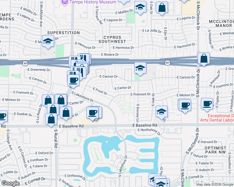 map of restaurants, bars, coffee shops, grocery stores, and more near 4536 South Terrace Road in Tempe