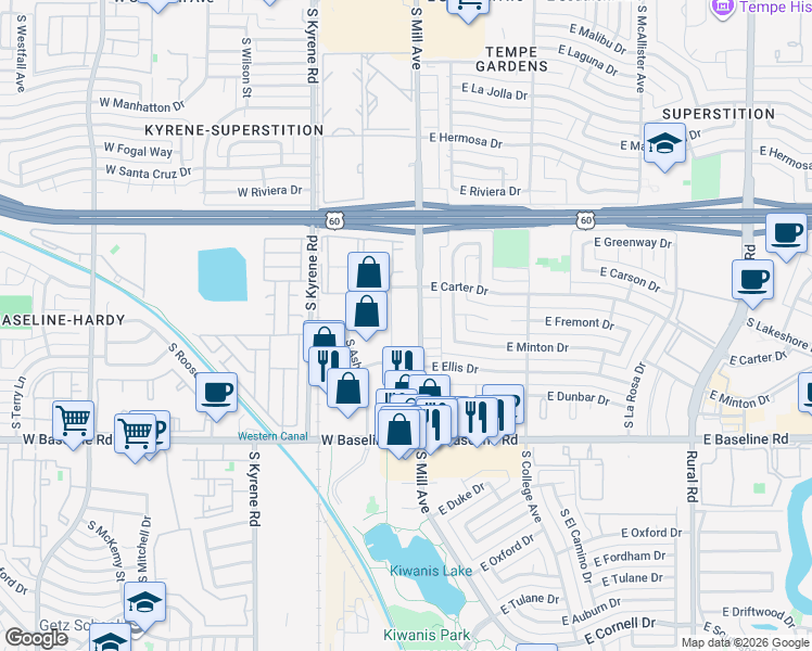 map of restaurants, bars, coffee shops, grocery stores, and more near 4600 South Mill Avenue in Tempe