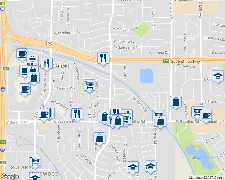 map of restaurants, bars, coffee shops, grocery stores, and more near 1001 West Carter Drive in Tempe