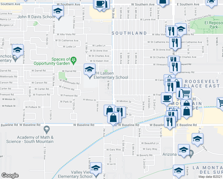 map of restaurants, bars, coffee shops, grocery stores, and more near 7015 South 7th Avenue in Phoenix
