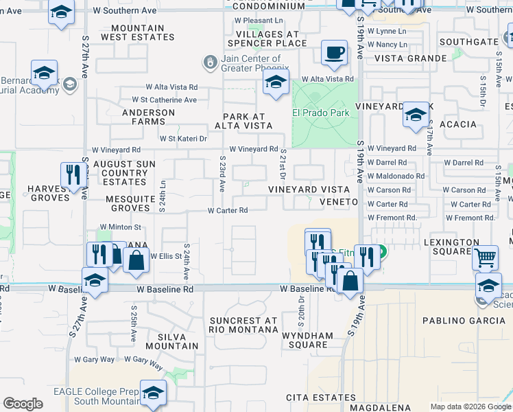 map of restaurants, bars, coffee shops, grocery stores, and more near 2132 West Carter Road in Phoenix