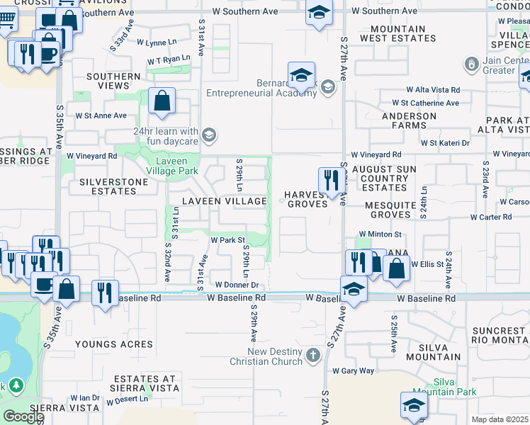 map of restaurants, bars, coffee shops, grocery stores, and more near 2830 West Harvest Groves Lane in Phoenix