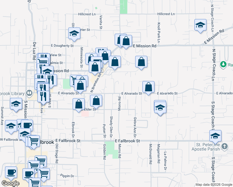 map of restaurants, bars, coffee shops, grocery stores, and more near 818 East Alvarado Street in Fallbrook