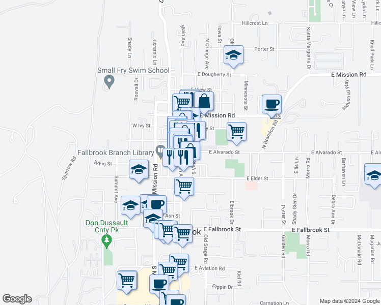 map of restaurants, bars, coffee shops, grocery stores, and more near 119 East Alvarado Street in Fallbrook