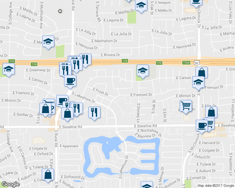 map of restaurants, bars, coffee shops, grocery stores, and more near 4536 South Terrace Road in Tempe