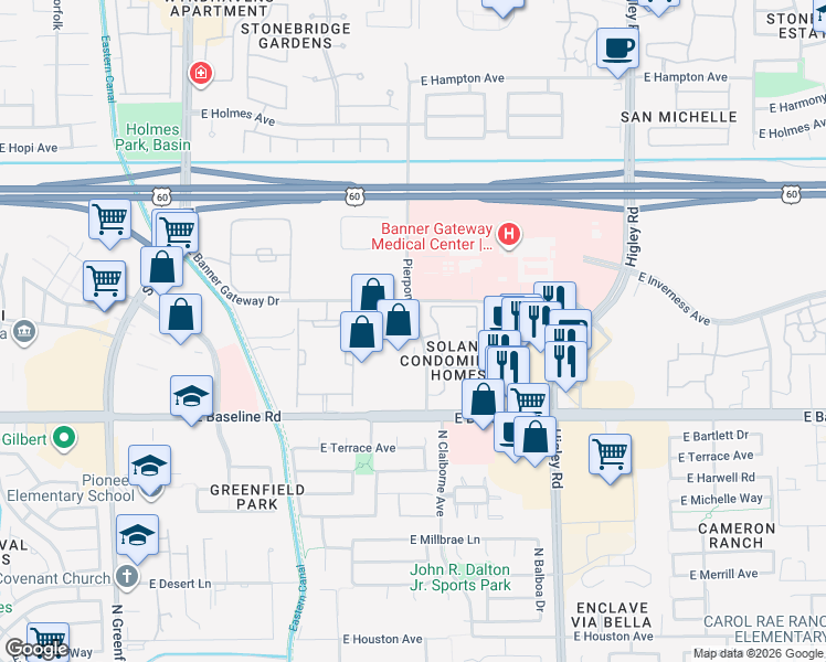 map of restaurants, bars, coffee shops, grocery stores, and more near 4860 Pierpont Drive in Mesa
