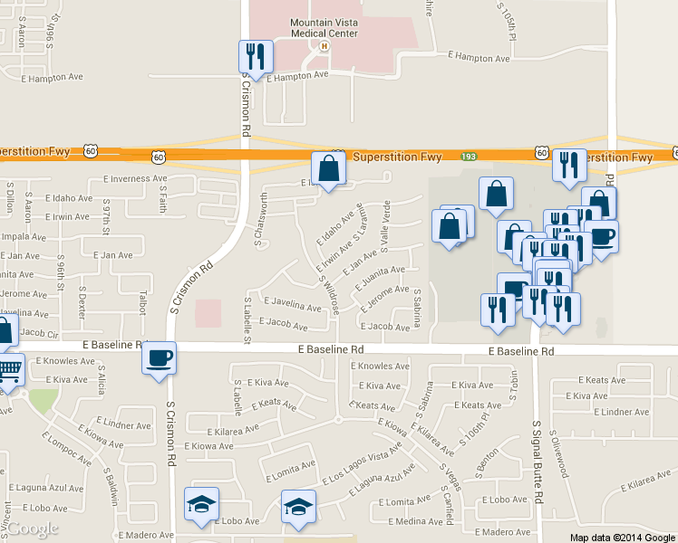 map of restaurants, bars, coffee shops, grocery stores, and more near 10316 East Jan Avenue in Mesa