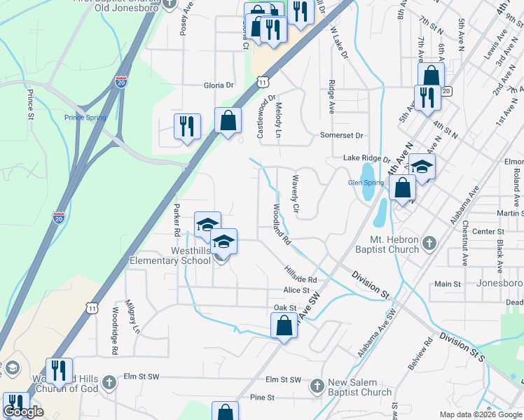 map of restaurants, bars, coffee shops, grocery stores, and more near 112 Woodland Road in Bessemer