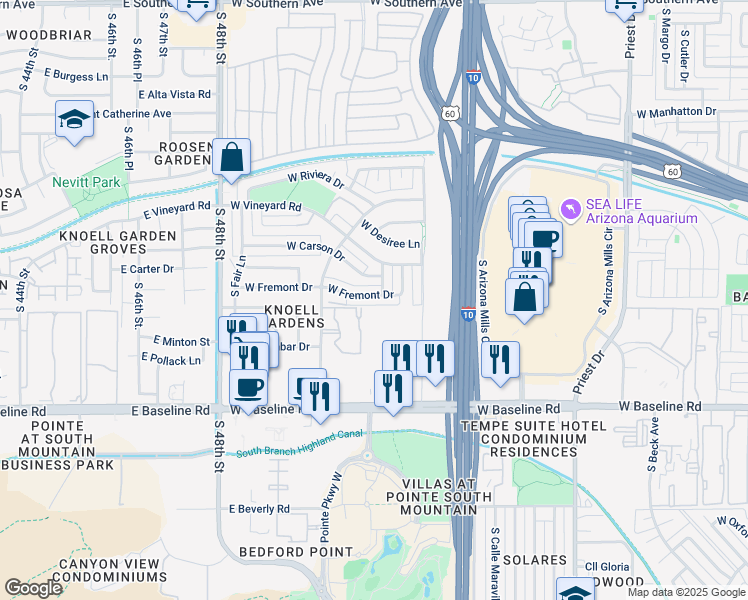 map of restaurants, bars, coffee shops, grocery stores, and more near 2215 West Fremont Drive in Tempe