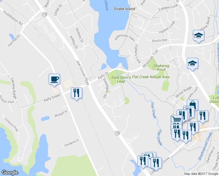 map of restaurants, bars, coffee shops, grocery stores, and more near 113 Sweetgum Road in Peachtree City