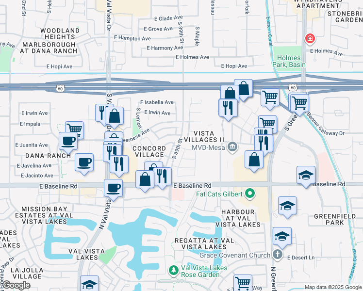 map of restaurants, bars, coffee shops, grocery stores, and more near 101 East Inverness Avenue in Mesa