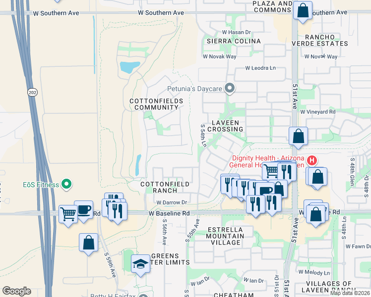 map of restaurants, bars, coffee shops, grocery stores, and more near 7031 South 55th Lane in Phoenix