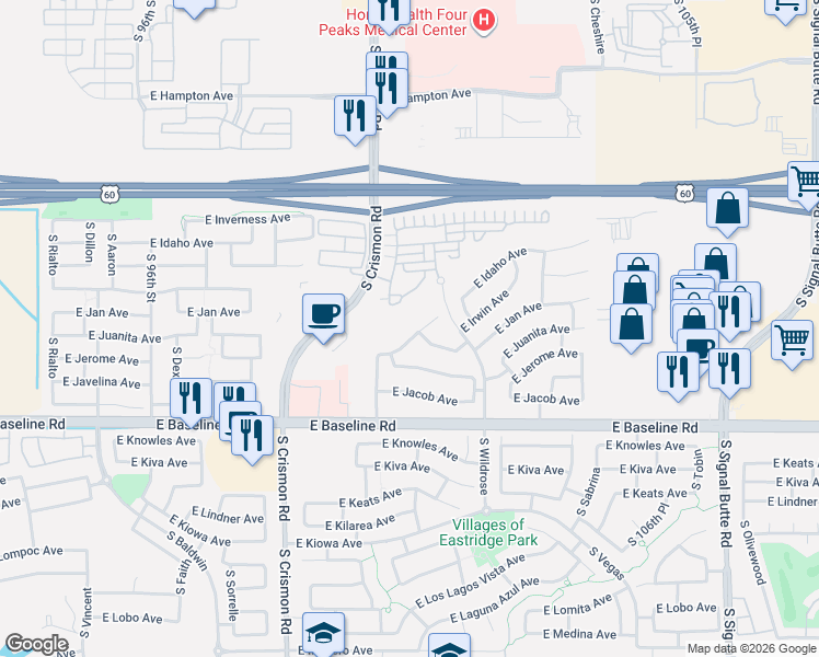 map of restaurants, bars, coffee shops, grocery stores, and more near 10238 East Juanita Circle in Mesa