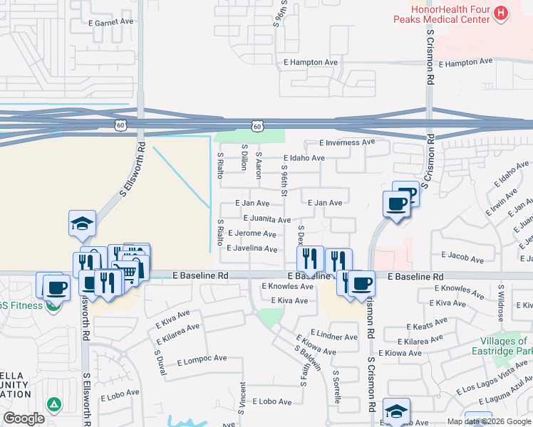 map of restaurants, bars, coffee shops, grocery stores, and more near 9525 East Jan Avenue in Mesa