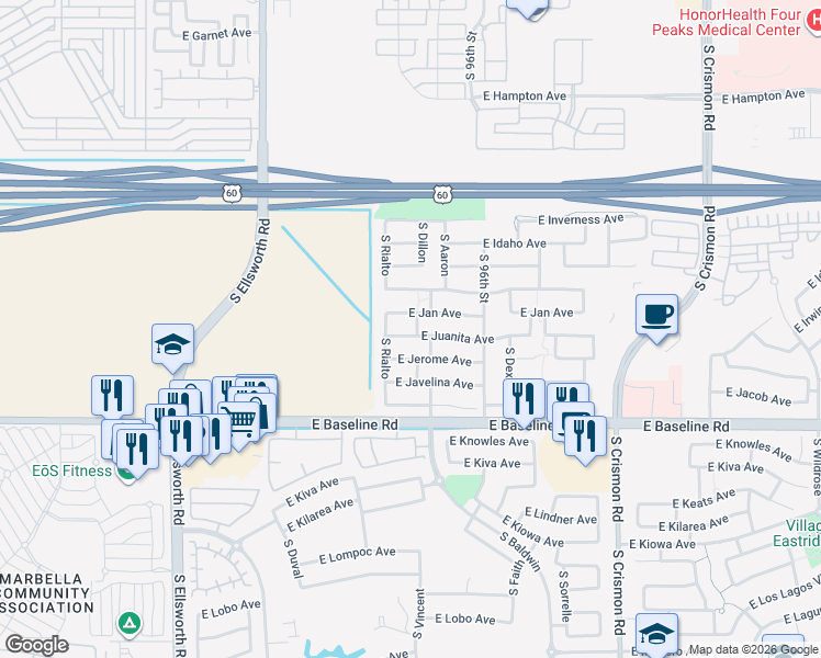 map of restaurants, bars, coffee shops, grocery stores, and more near 9439 East Jan Avenue in Mesa