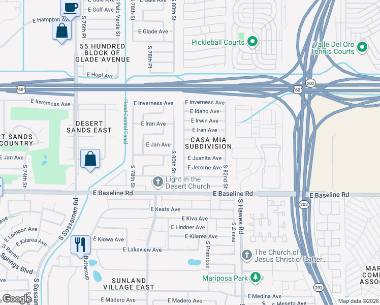 map of restaurants, bars, coffee shops, grocery stores, and more near 1802 South 80th Place in Mesa