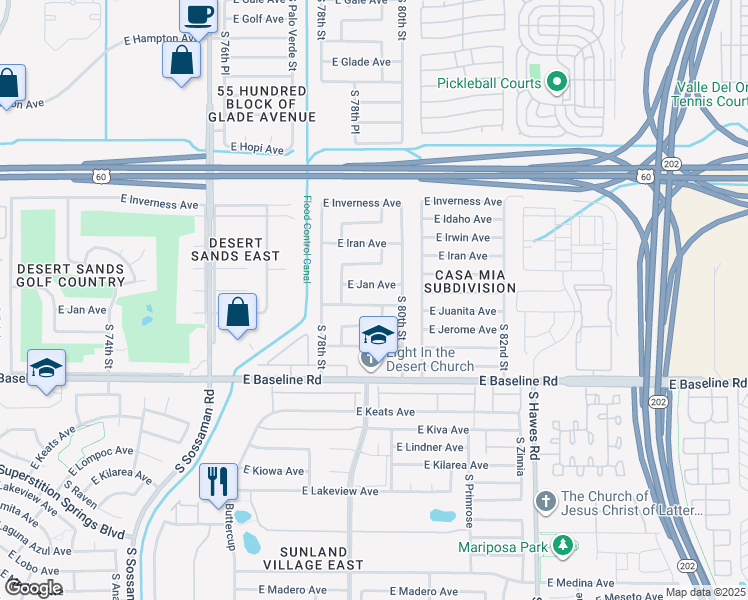 map of restaurants, bars, coffee shops, grocery stores, and more near 7921 East Jan Avenue in Mesa