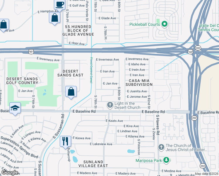 map of restaurants, bars, coffee shops, grocery stores, and more near 7921 East Jan Avenue in Mesa